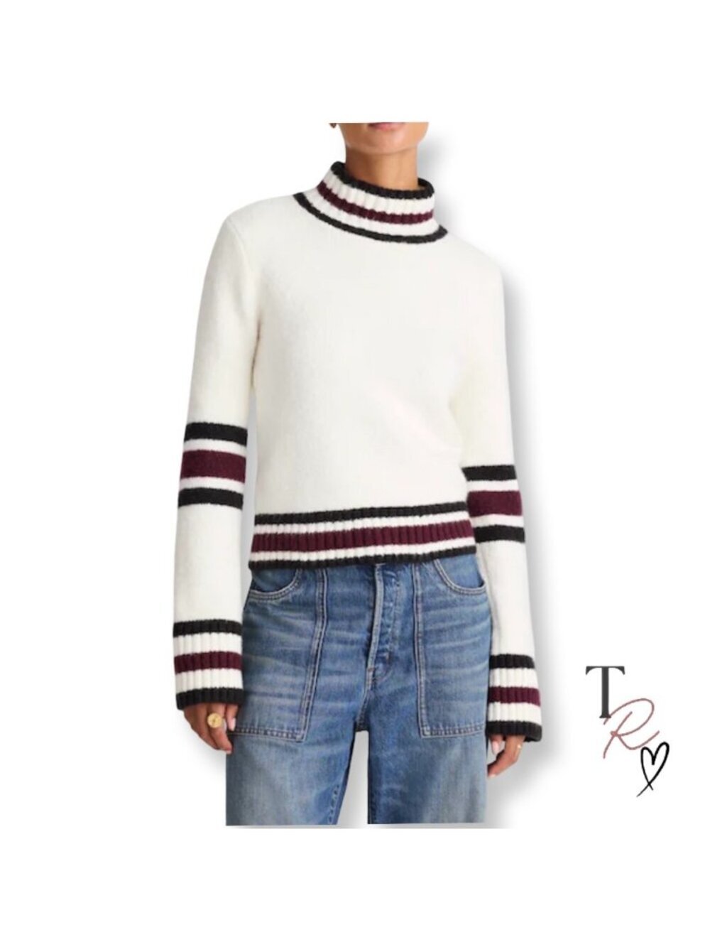 Madewell NWT Mockneck Striped Collegiate Merino Wool Blend Sweater Size M